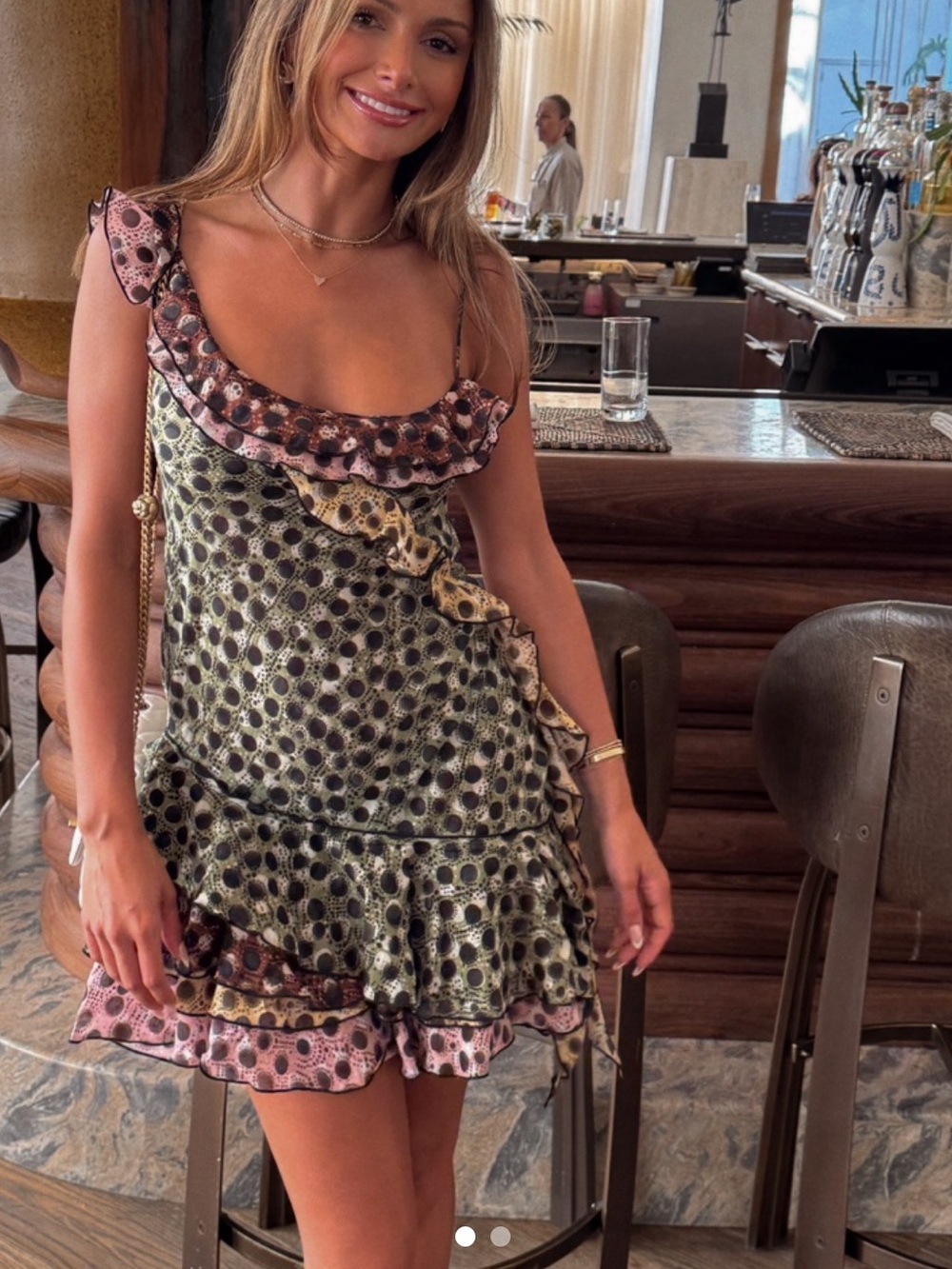SIEDRES Polka Dot Ruffle Mini Dress in Olive Green and Dusty Pink